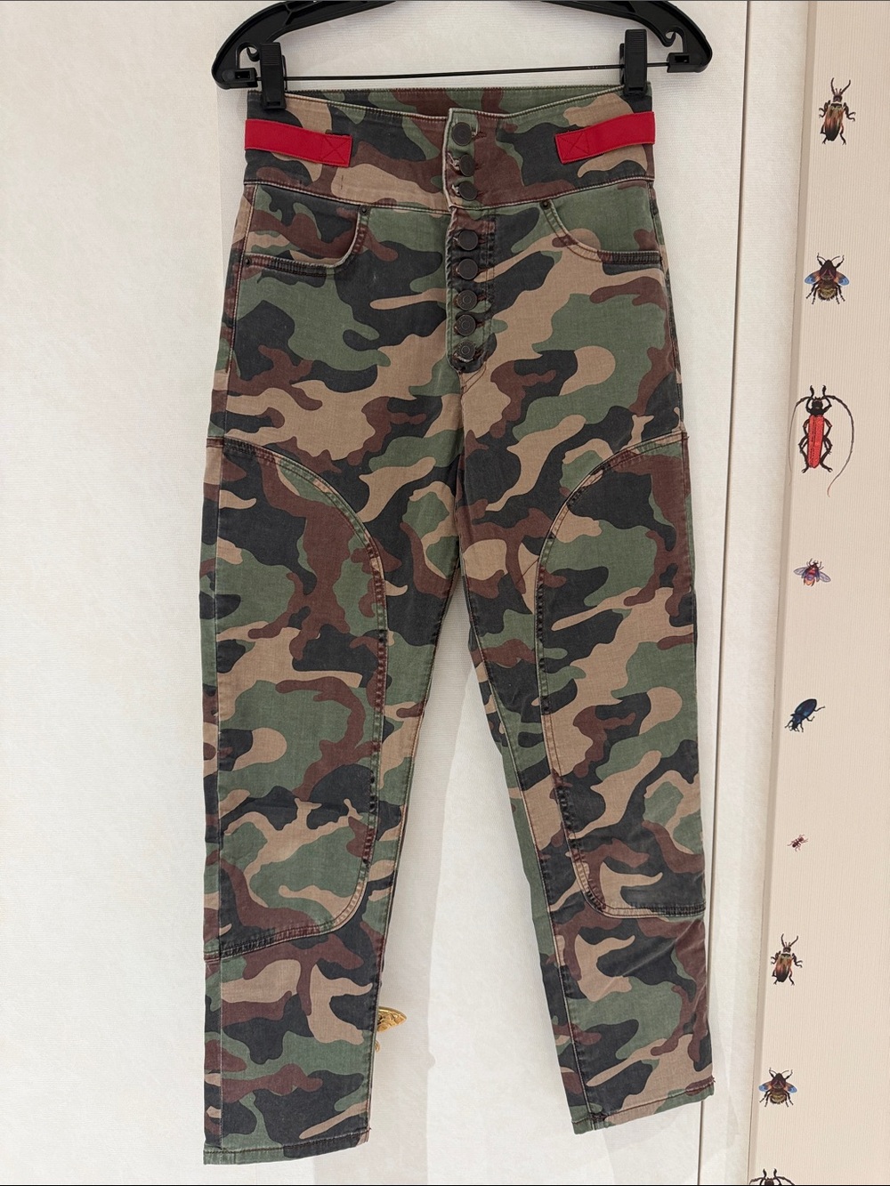 Veronica Beard Green Camo High-Waist Cargo Jeans with Red Waist Tabs